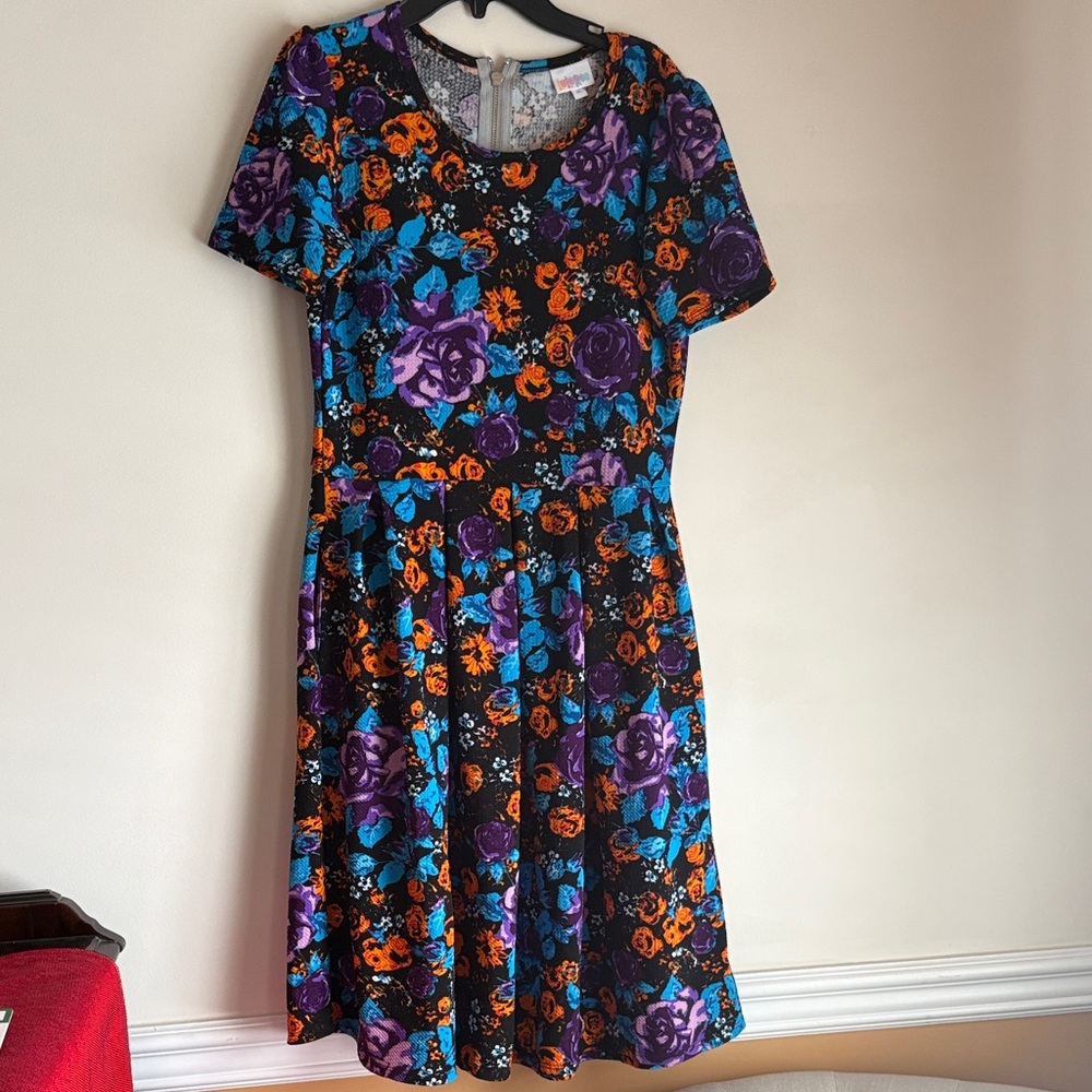 LuLaRoe Black Floral Midi Dress with Purple and Blue Accents
